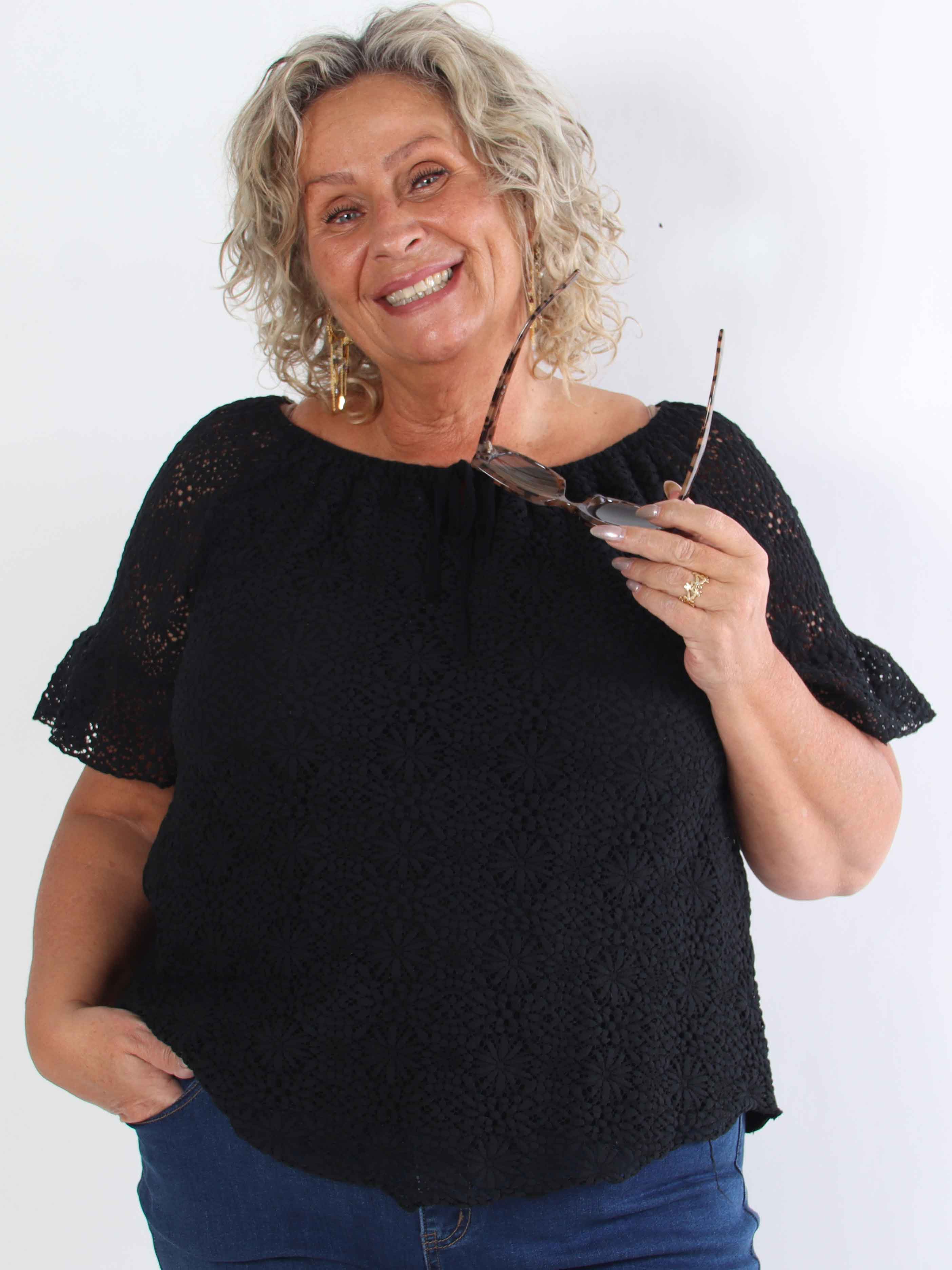 Elisa - Plus size tunika i bomuld med blonde og elastikkant i udskæringen